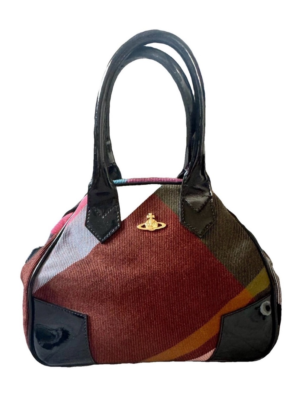 RARE Vivienne Westwood VINTAGE Plaid Canvas Handbag w Black Patent Trim